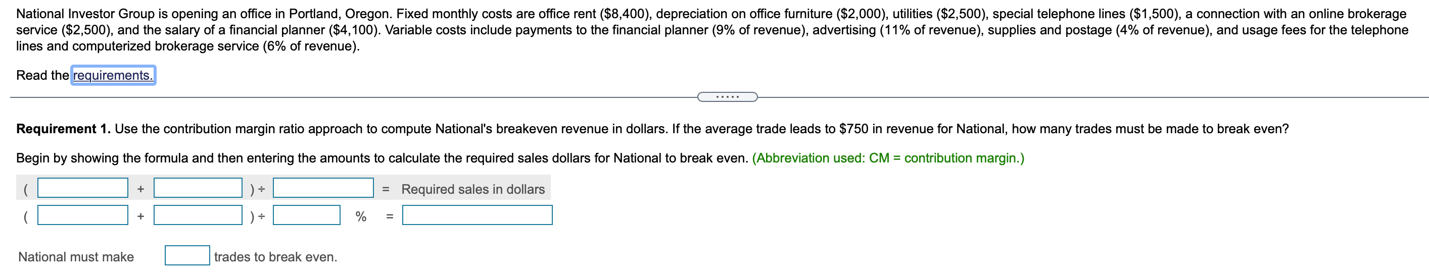 to compute National's breakeven revenue in dollars. If the average trade leads