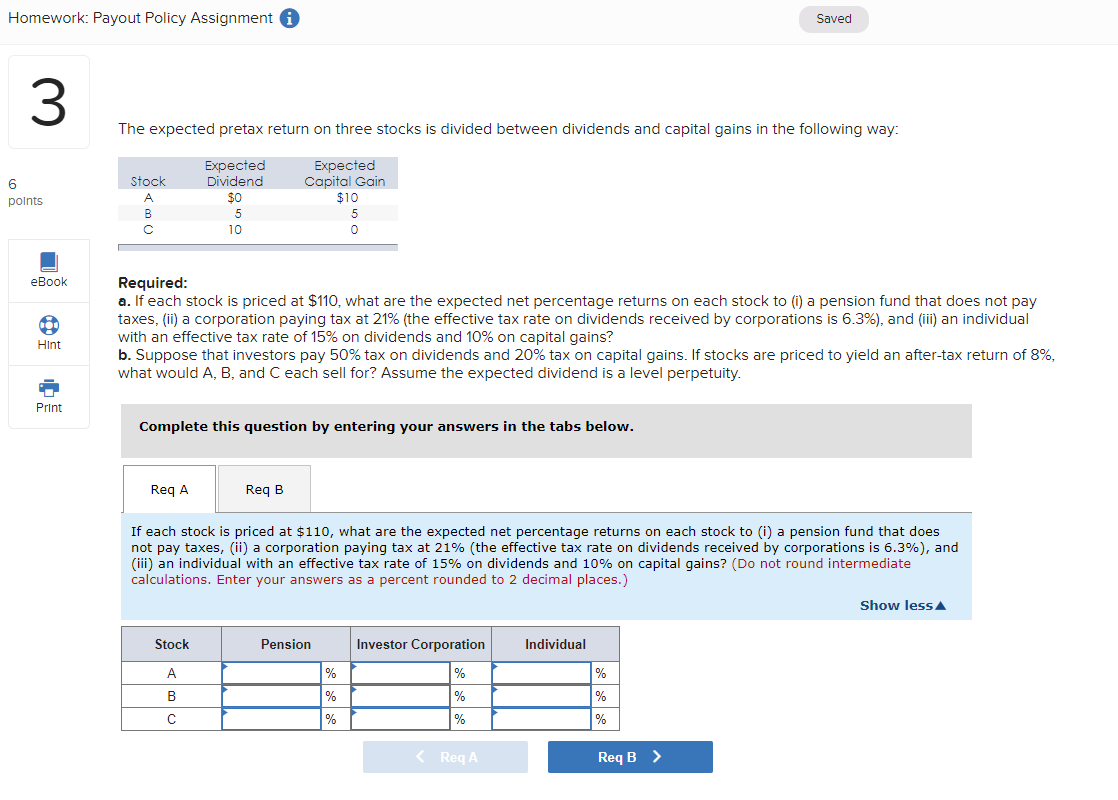  Homework: Payout Policy Assignment 0 3 Saved The expected pretax return