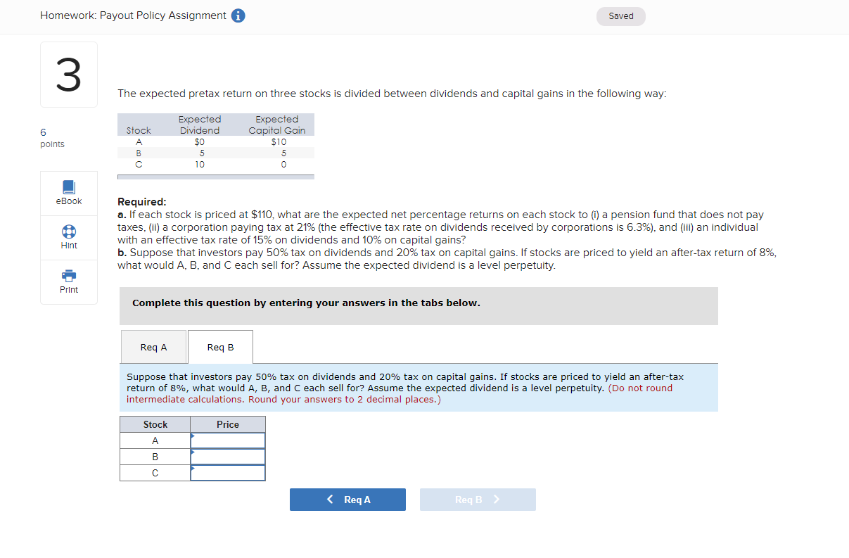 on three stocks is divided between dividends and capital gains in the