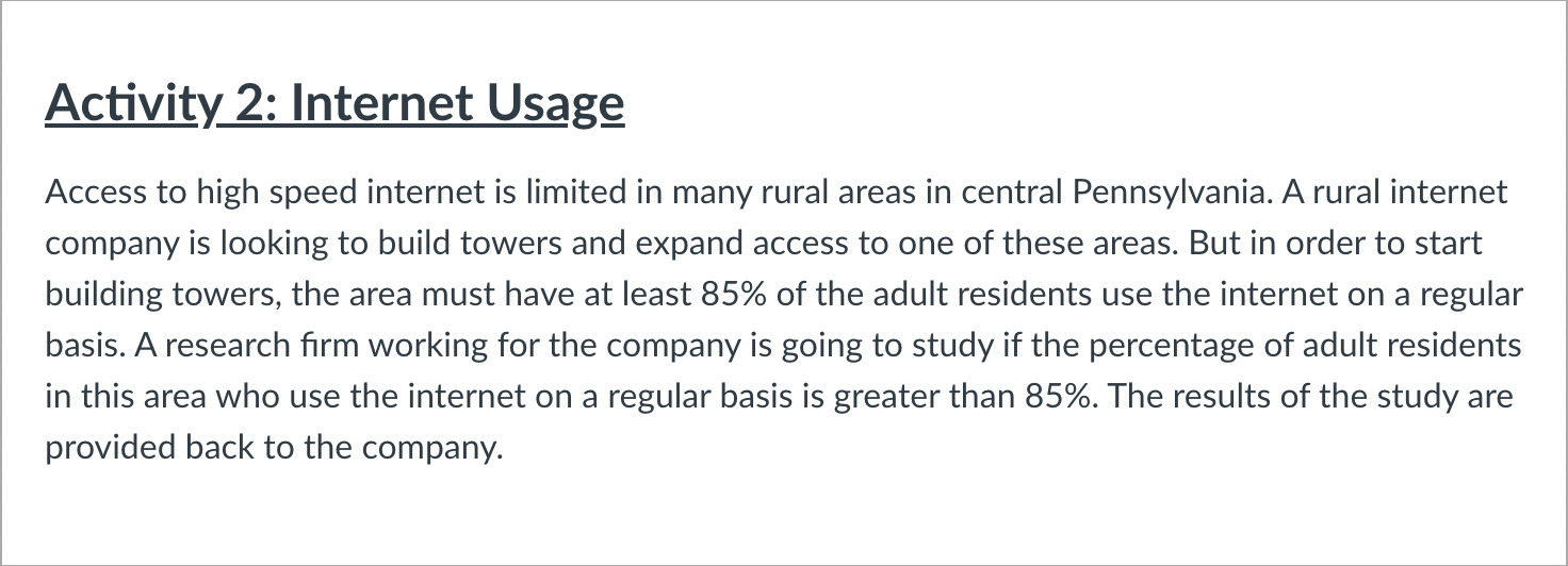  Activity 2: Internet Usage Access to high speed internet is limited