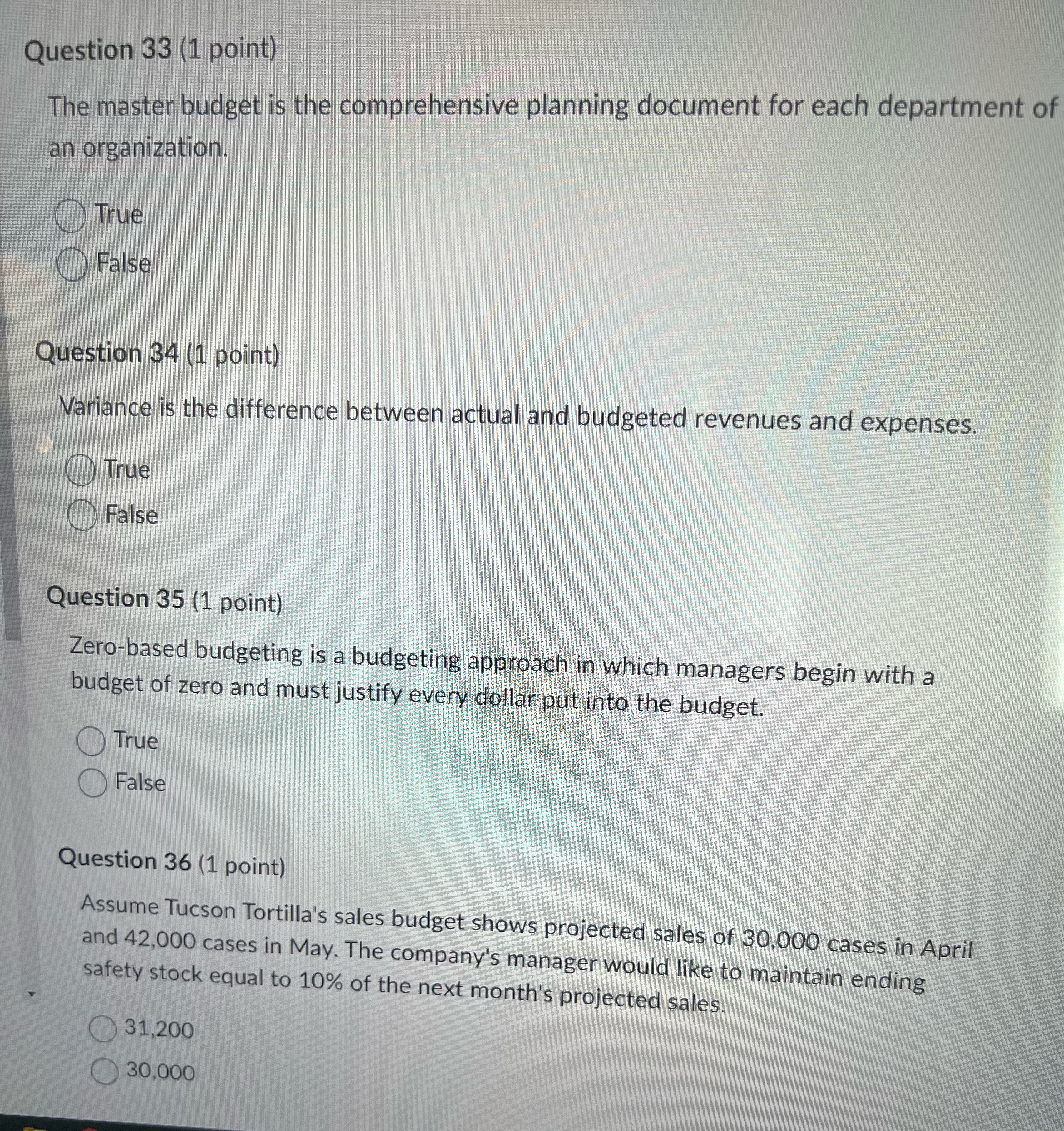  Question 33 (1 point) The master budget is the comprehensive planning