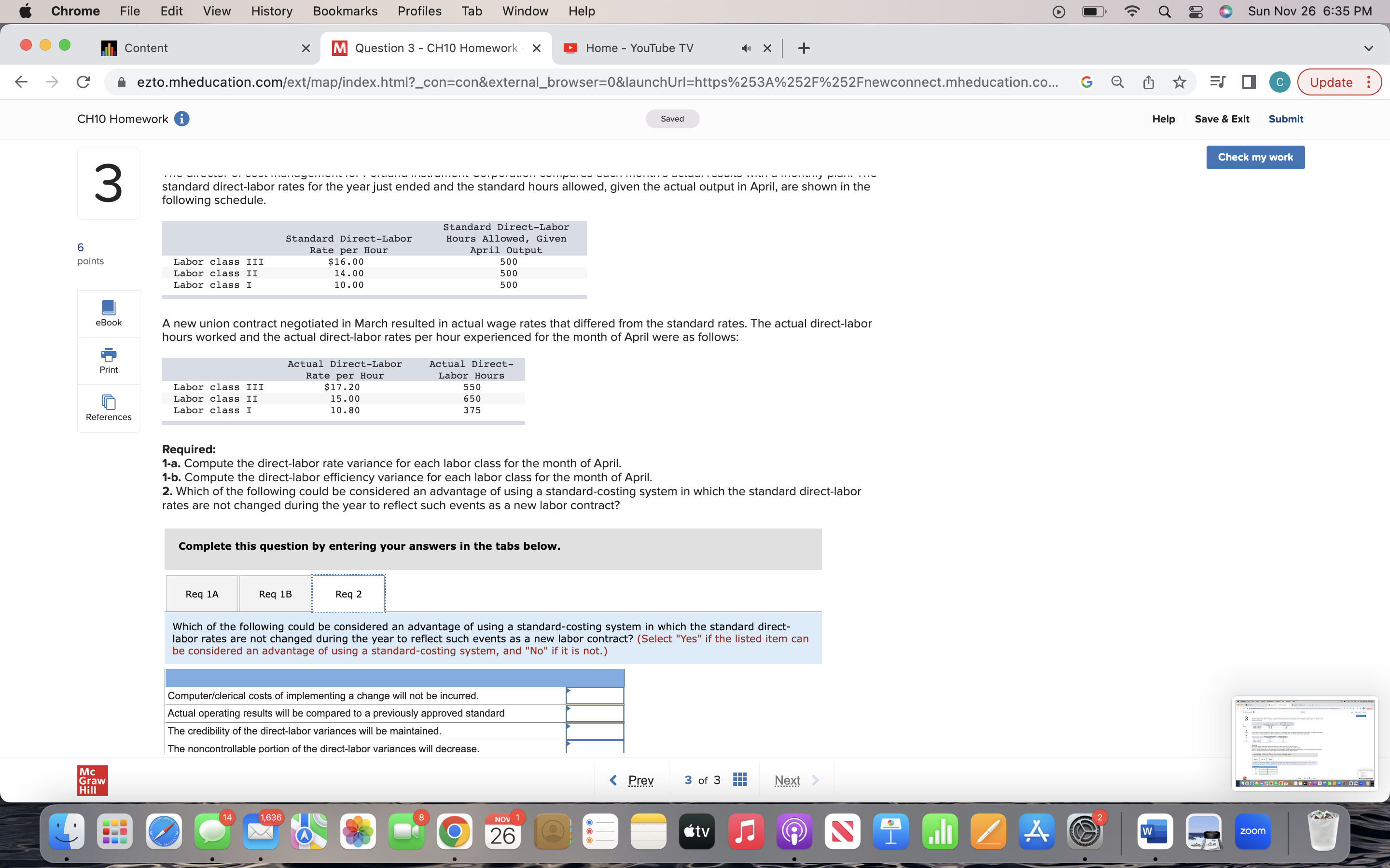 Question 3 - CH10 Homework X Home - YouTube TV 41 X