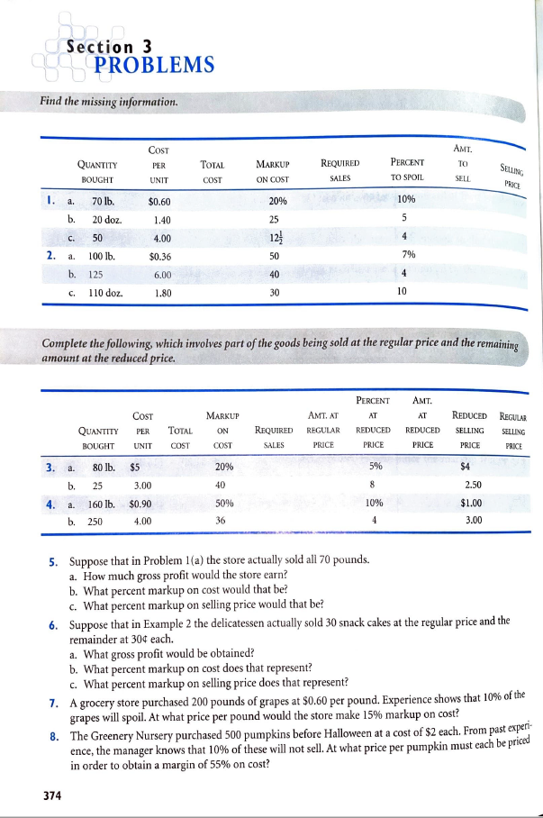  Section 3 PROBLEMS Find the missing information. COST AMT. QUANTITY PER
