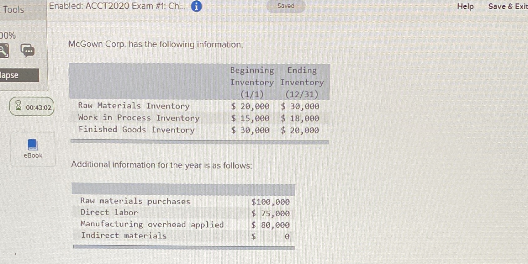 Enabled: ACCT2020 Exam #1: Ch.. i Saved Tools Help Save &