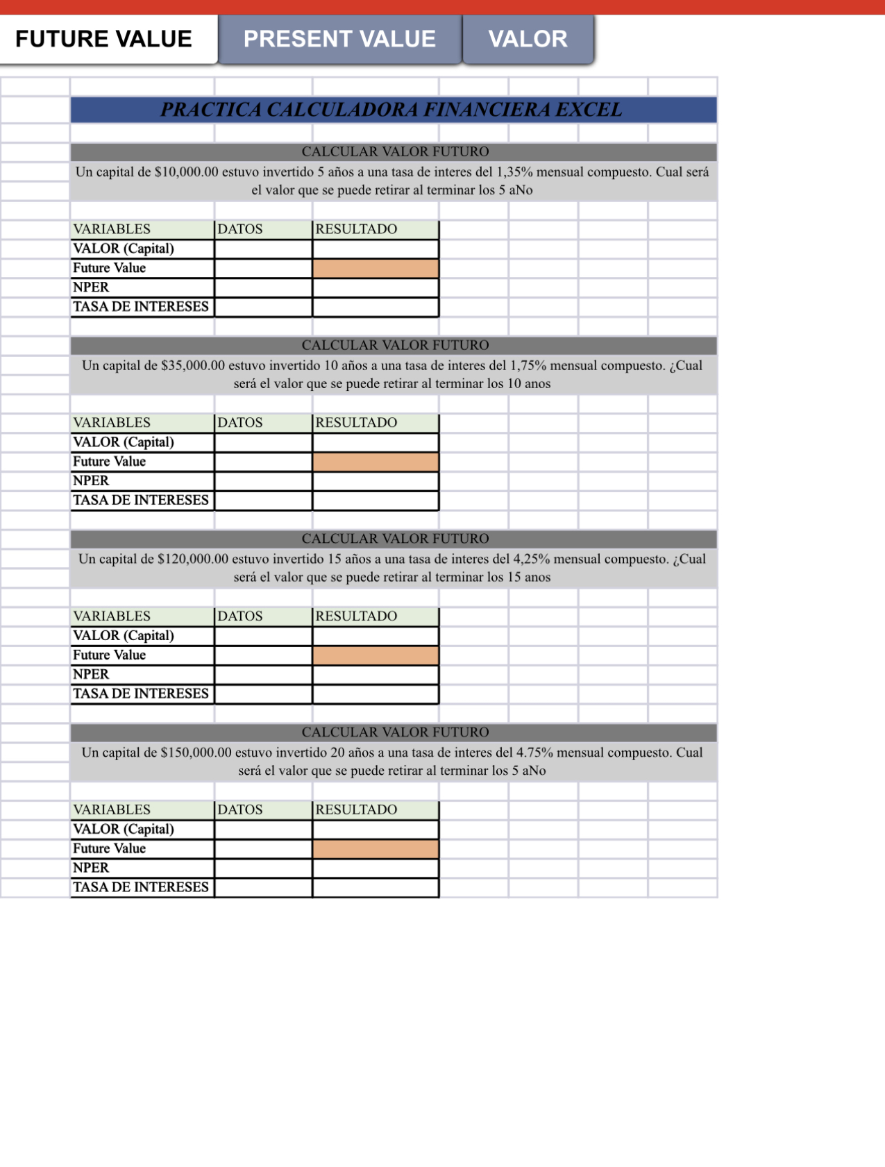  FUTURE VALUE PRESENT VALUE VALOR PRACTICA CALCULADORA FINANCIERA EXCEL CALCULAR VALOR