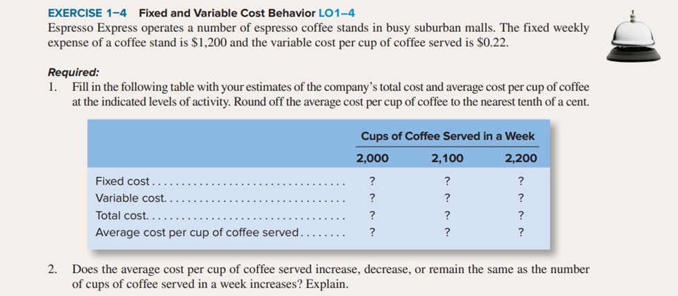  EXERCISE 1-4 Fixed and Variable Cost Behavior LO1-4 Espresso Express operates