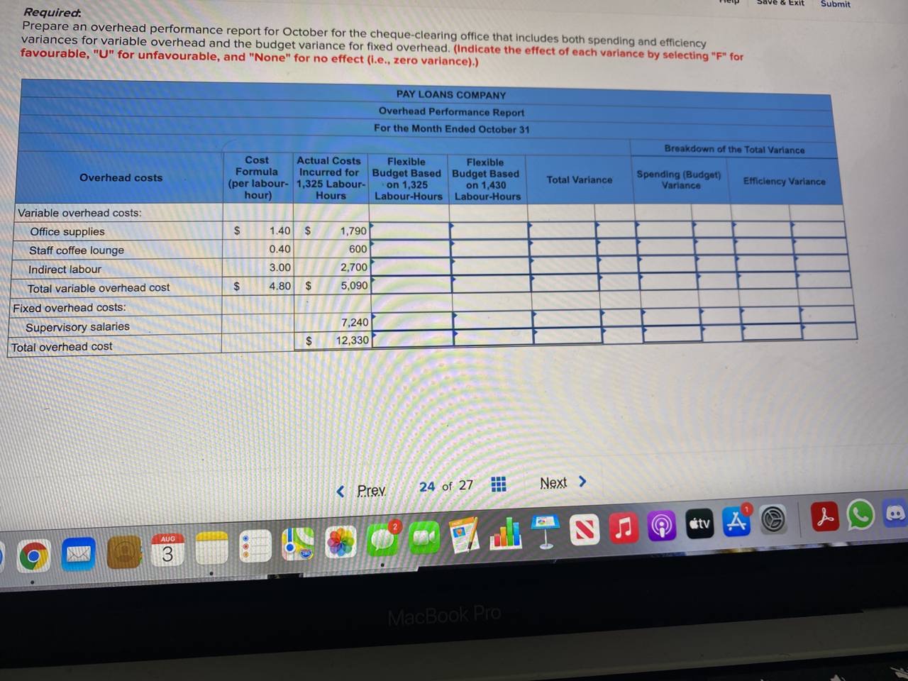 Submit Required. Prepare an overhead performance report for October for the