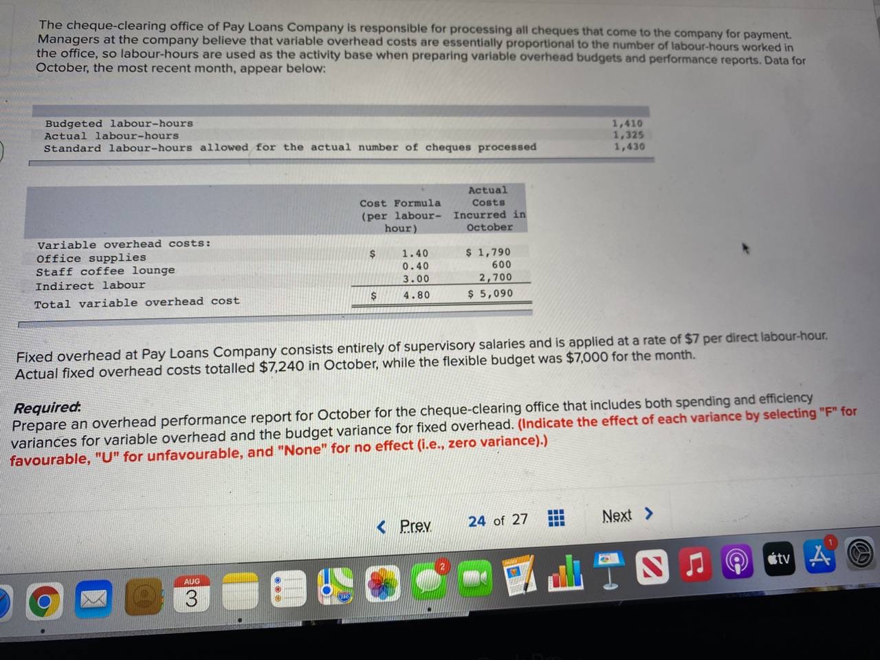 cheque-clearing office that includes both spending and efficiency variances for variable overhead