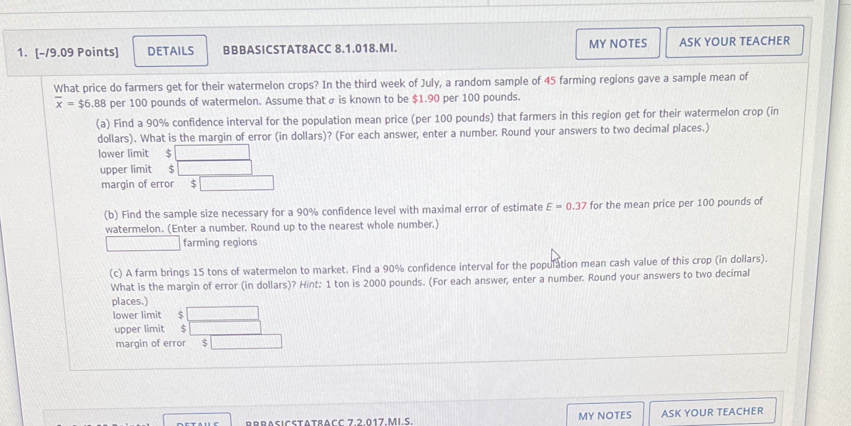  1. [-/9.09 Points] DETAILS BBBASICSTAT8ACC 8.1.018.MI. MY NOTES ASK YOUR TEACHER