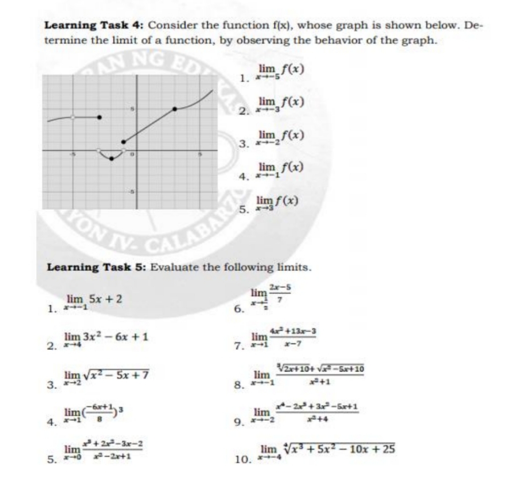 BASIC CALCULUS Learning Task 4: Consider the function f(x), whose graph is