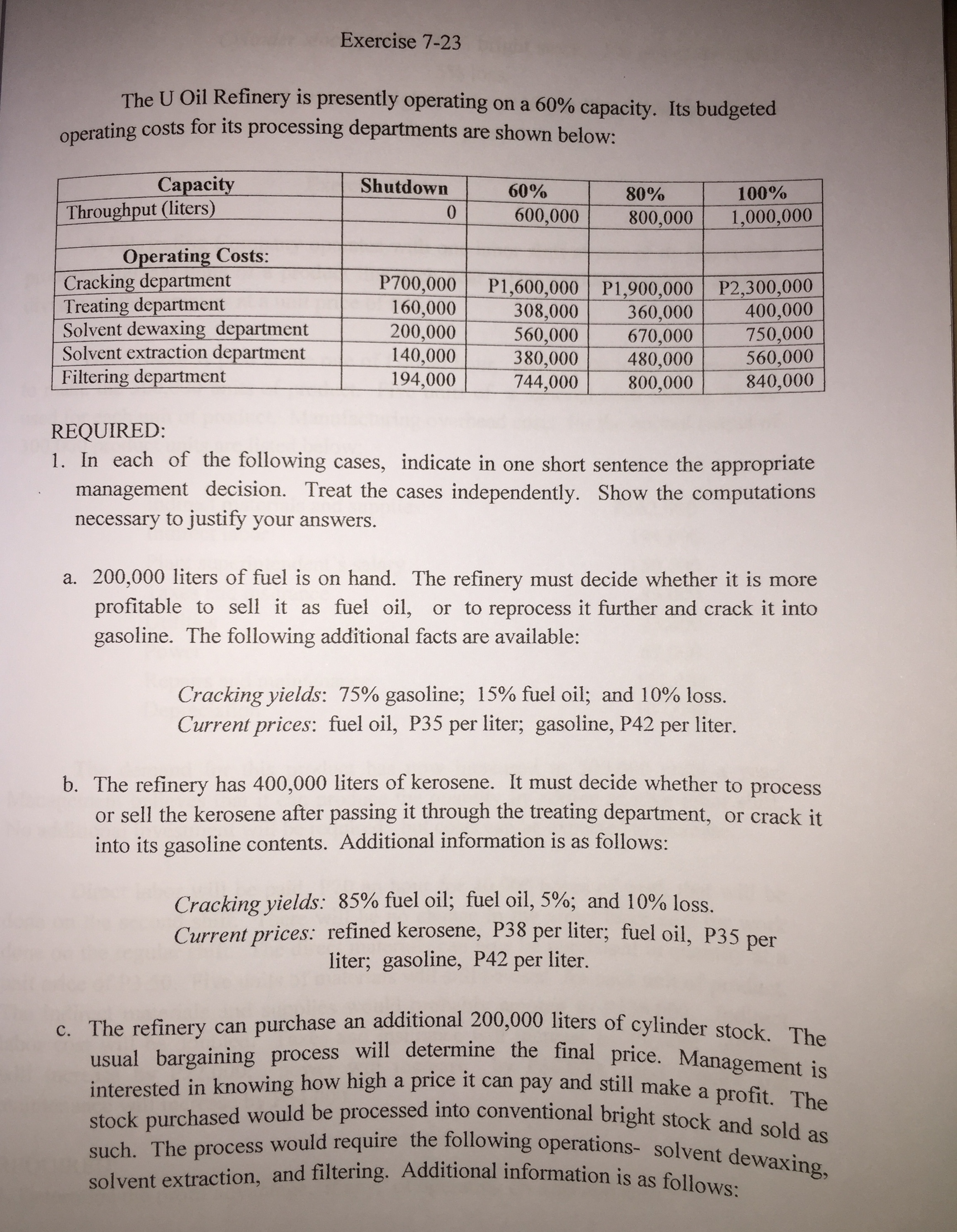 information on its products: Unit selling price P100 Unit variable costs and