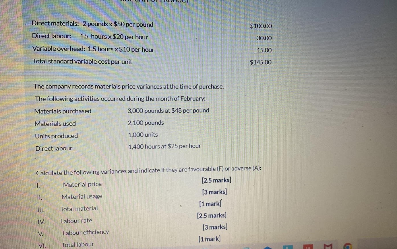  Direct materials: 2 pounds x $50 per pound $100.00 Direct labour: