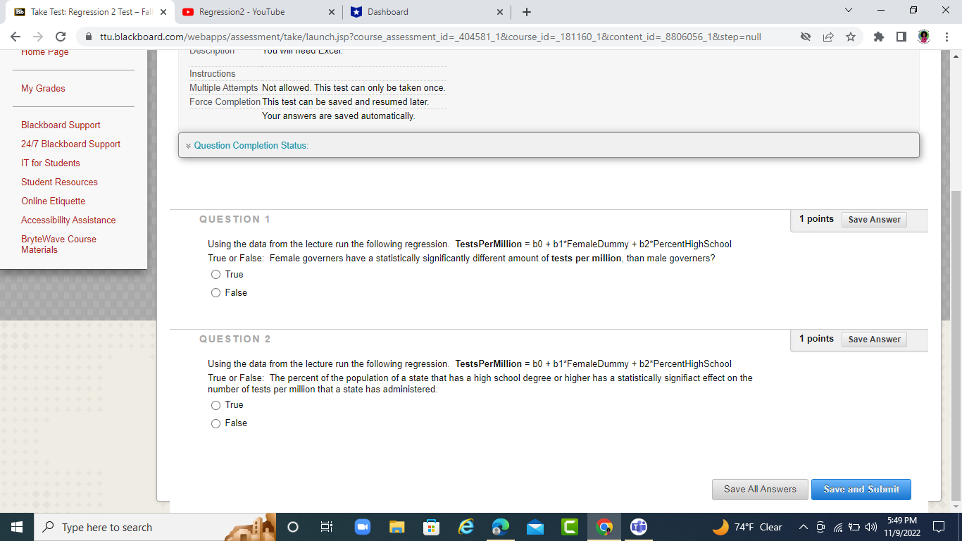  Bb Take Test: Regression 2 Test - Fall X Regression2 -