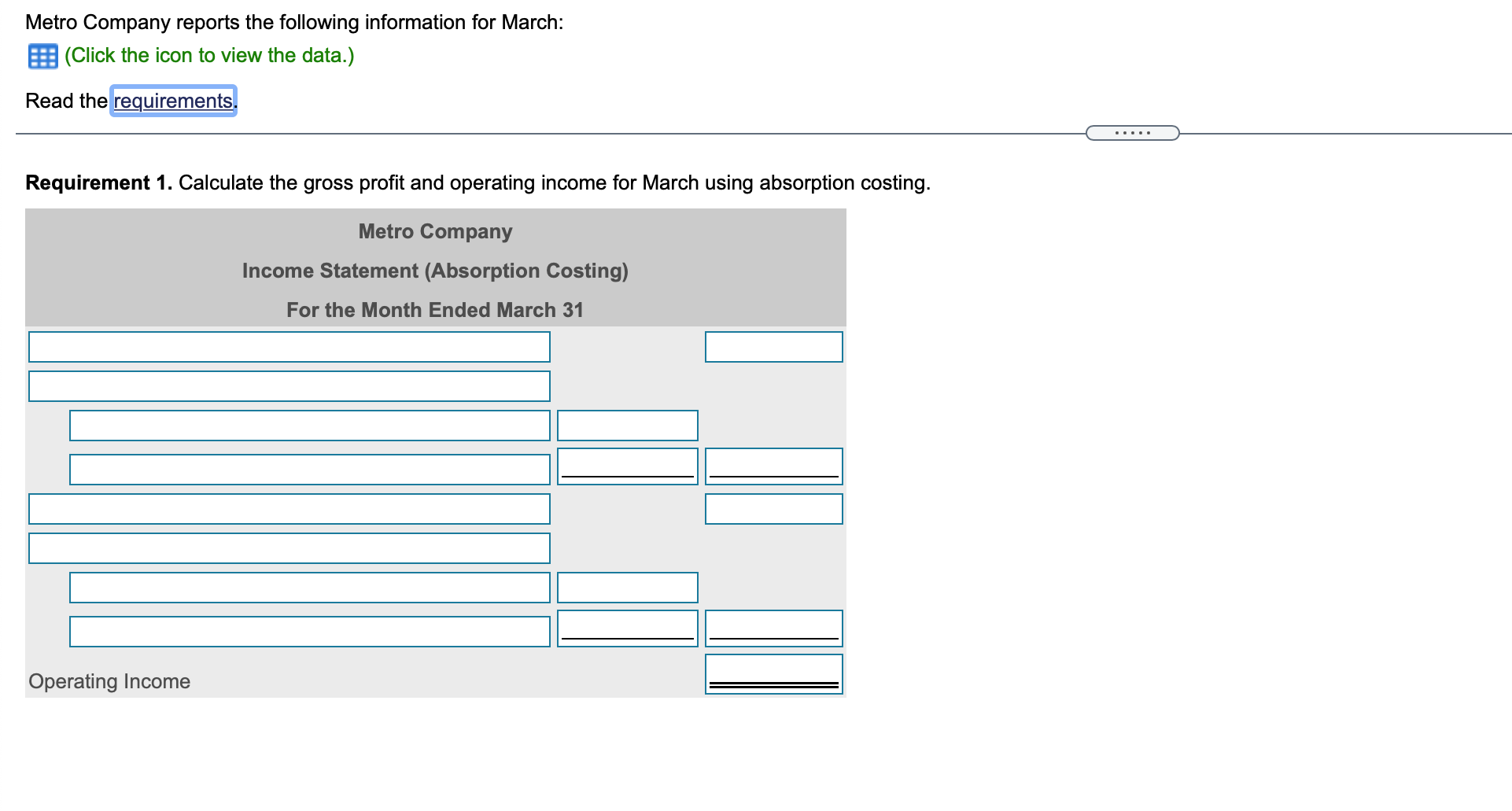 controlling purposes. Data Table Units produced 380 units Direct materials $72 per