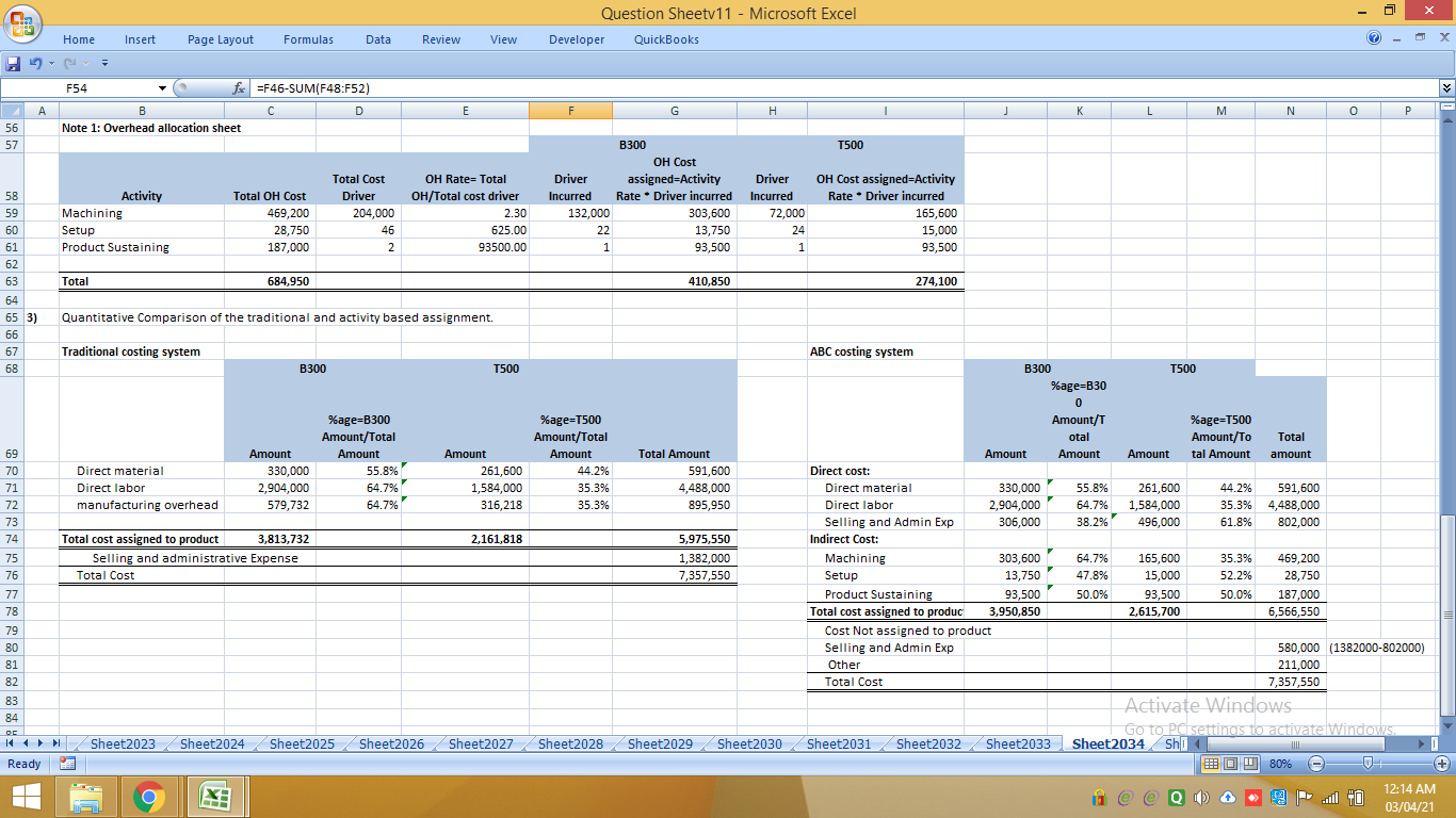 Page Layout Formulas Data Review View Developer QuickBooks F54 fix =F46-SUM(F48:F52) D