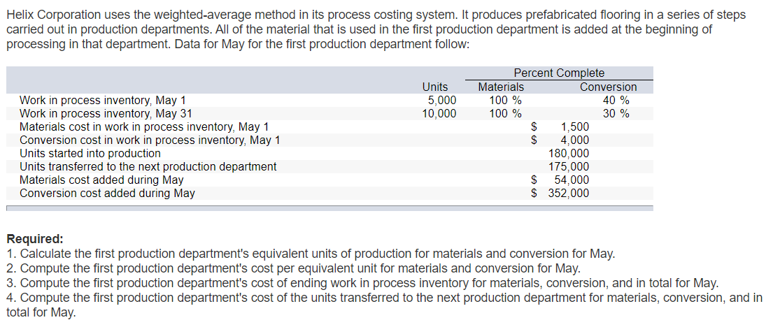  Helix Corporation uses the weighted-average method in its process costing system.