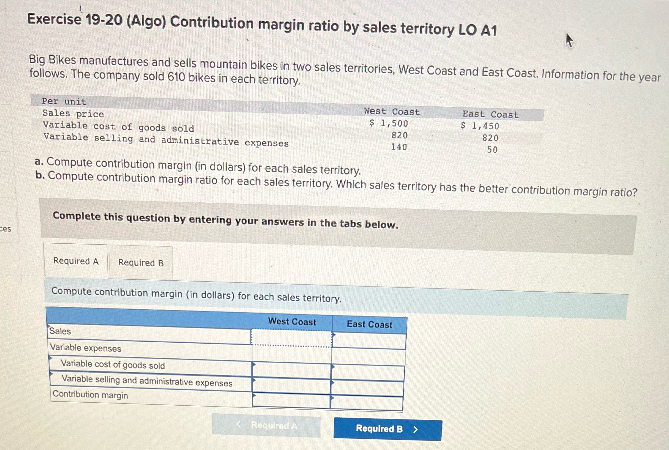 Exercise 19-20 (Algo) Contribution margin ratio by sales territory LO A1