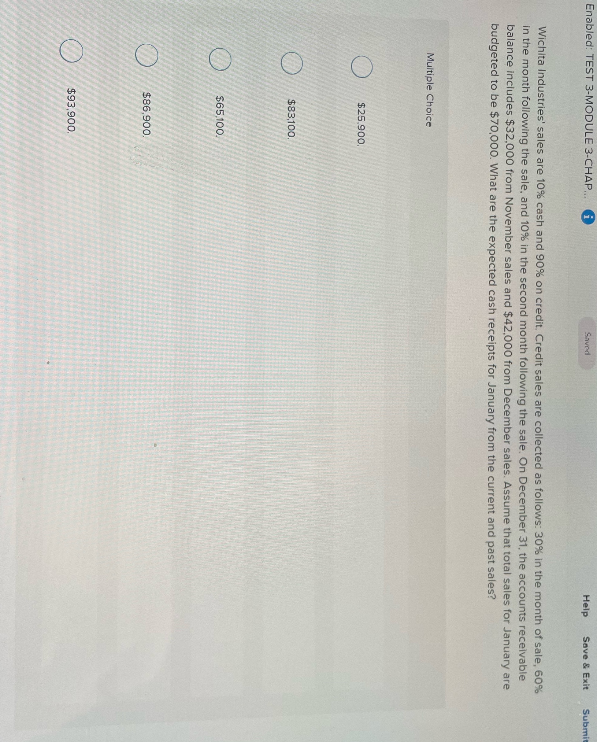 11 Enabled: TEST 3-MODULE 3-CHAP... Saved Help Save & Exit Submi Wichita