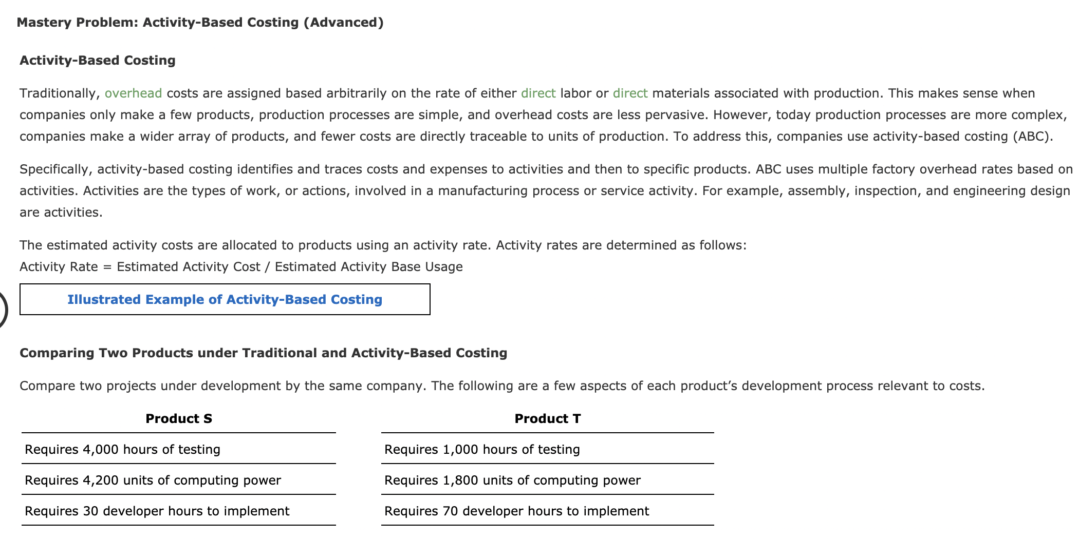 Mastery Problem: Activity-Based Costing (Advanced) Activity-Based Costing Traditionally, overhead costs are