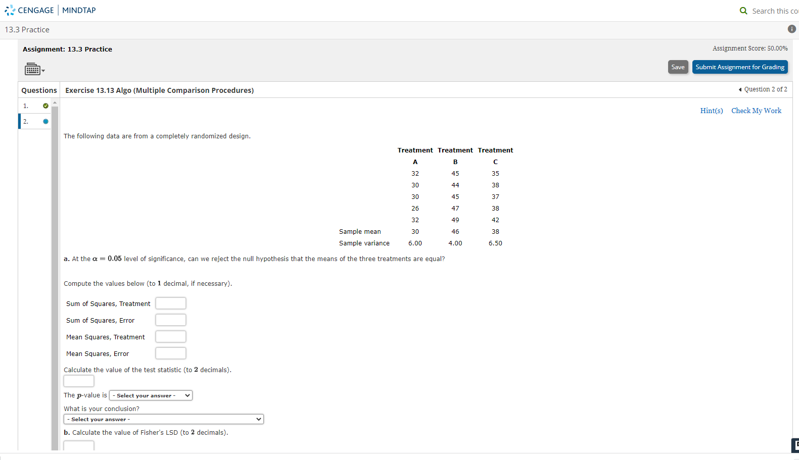 CENGAGE 13.3 Practice MINDTAP Assignment: 13.3 Practice Save Q Search this cc
