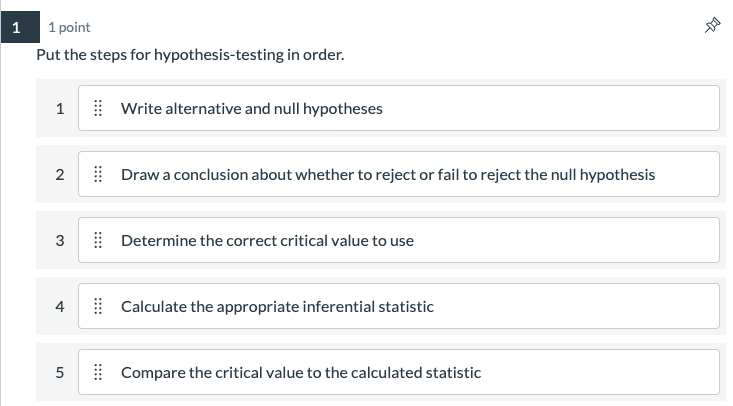  1 1 point Put the steps for hypothesis-testing in order. Write