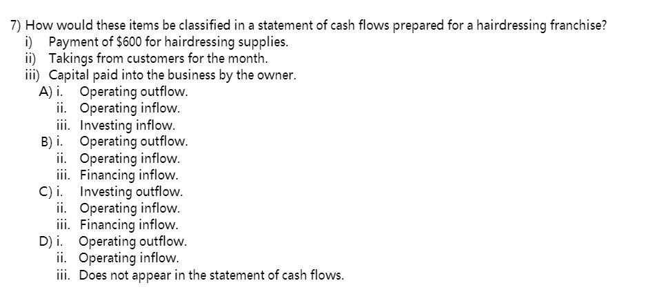 7} How would these items be classified in a statement of