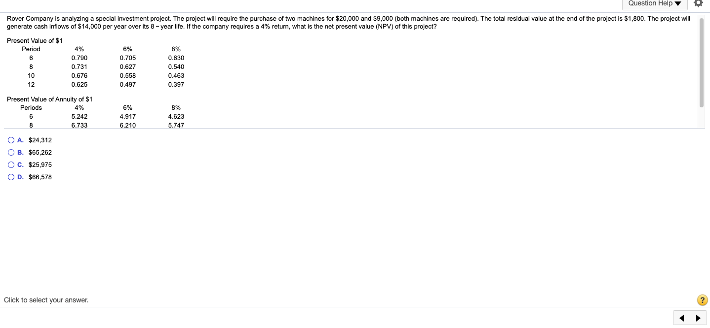 Question 1 Question Help Rover Company is analyzing a special investment project.