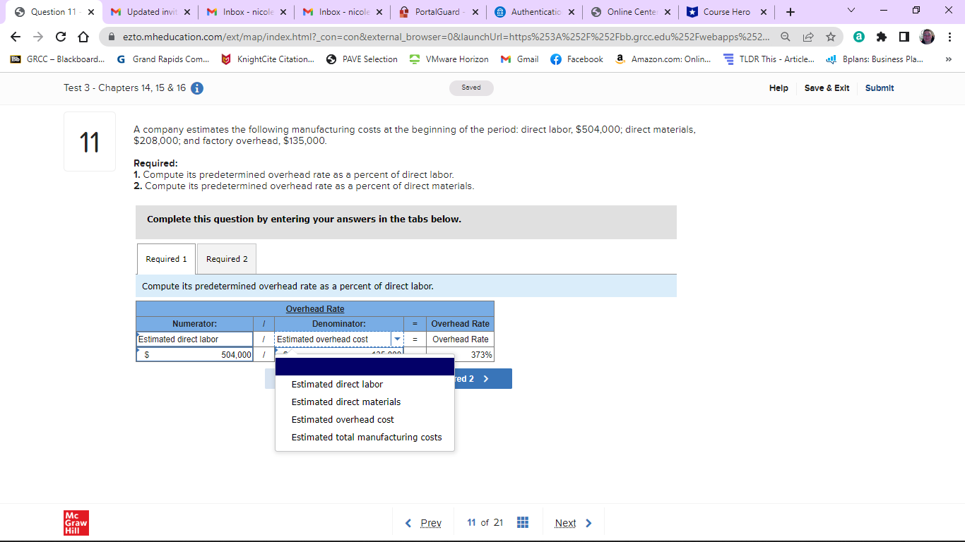 its predetermined overhead rate as a percent of direct labor. 2. Compute