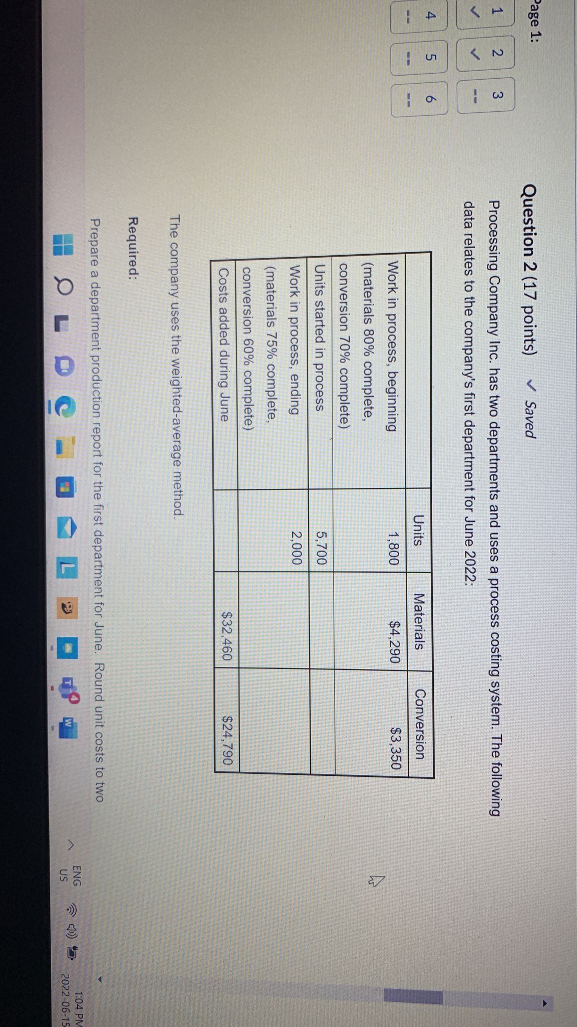 Page 1: Question 2 (17 points) Saved N 3 Processing Company