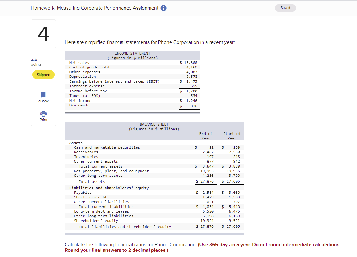 Need help with this problem Homework: Measuring Corporate Performance Assignment 0 Saved