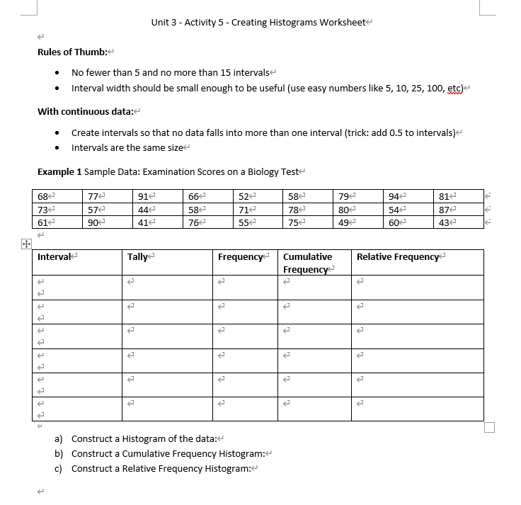  Unit 3 - Activity 5 - Creating Histograms Worksheet Rules of