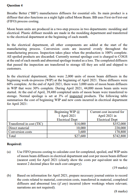  Question 4 Breathe Better ("BB") manufactures diffusers for essential oils. Its
