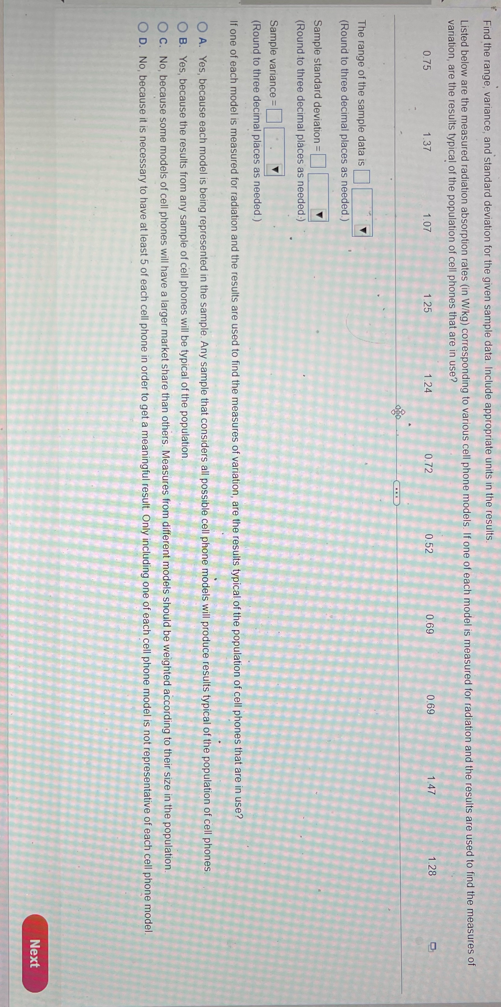  Find the range, variance, and standard deviation for the given sample