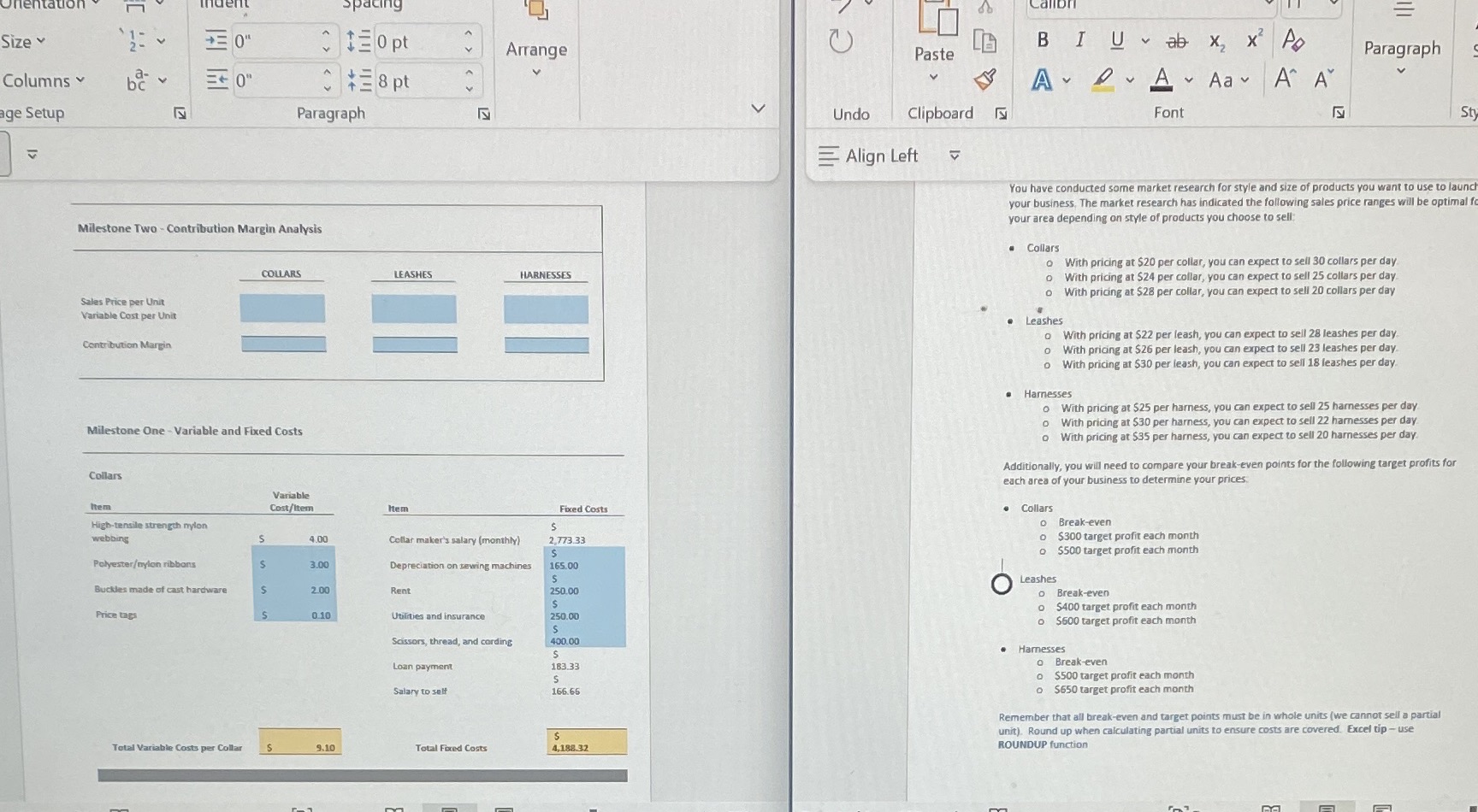 Sales Price per unit, Variable cost per unit, and contribution Margin noent