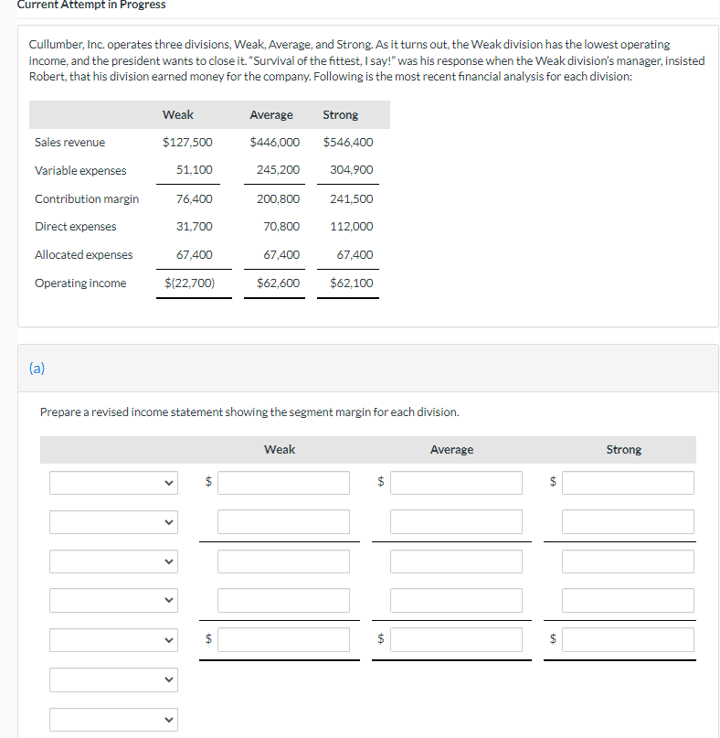 mpt In Progress Cullumber, Inc. operates three divisions, Weak, Average, and Strong.