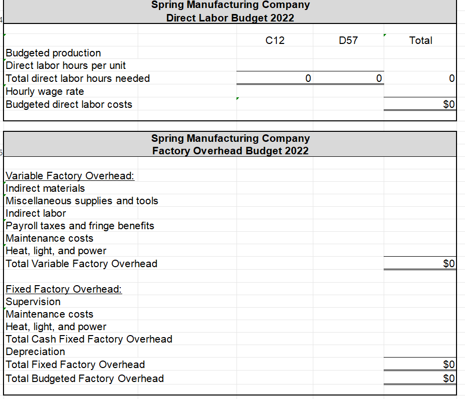 Spring Manufacturing Company makes two components identified as C12 and D57. Selected