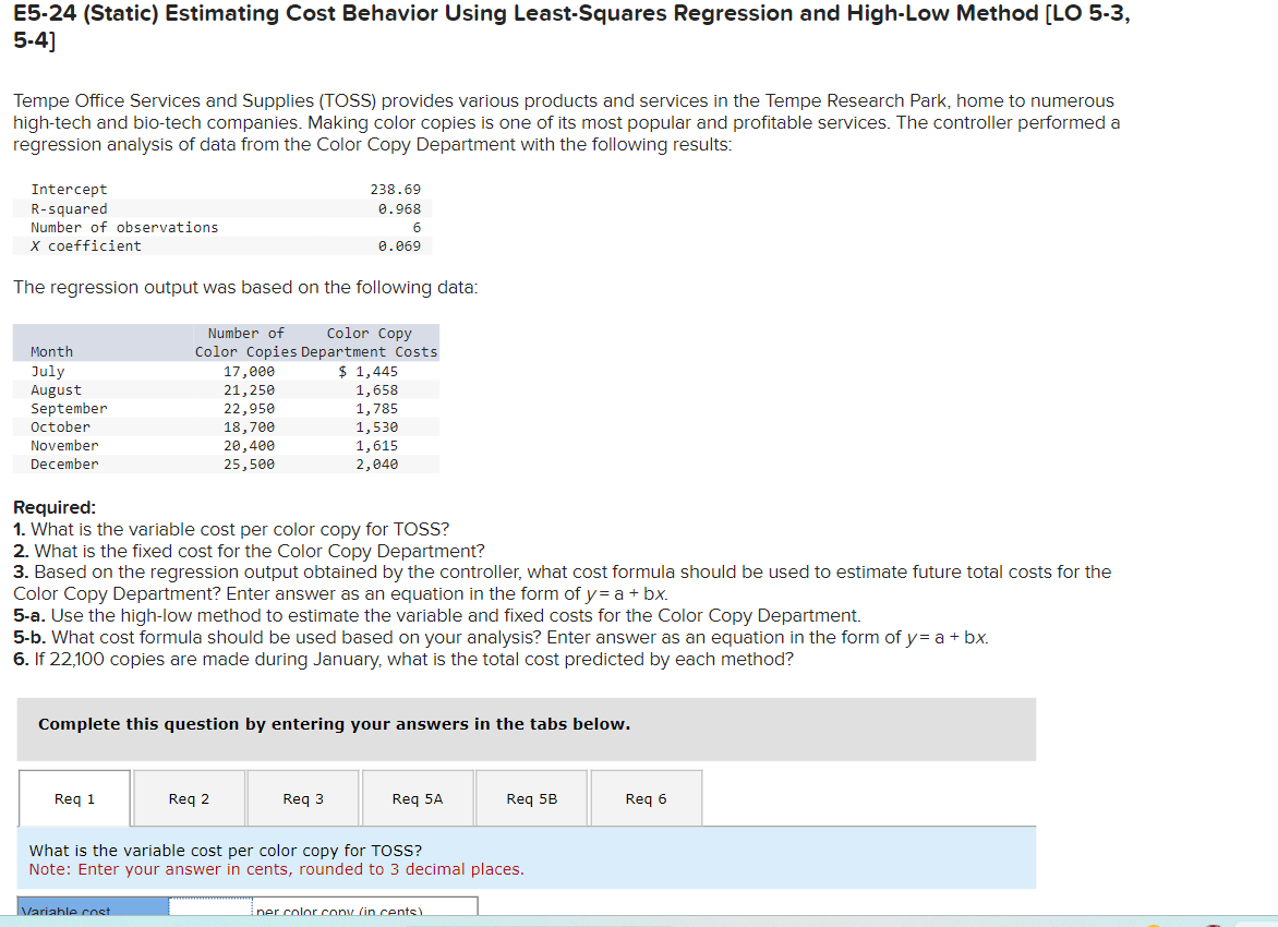 E5-24 (Static) Estimating Cost Behavior Using Least-Squares Regression and High-Low Method