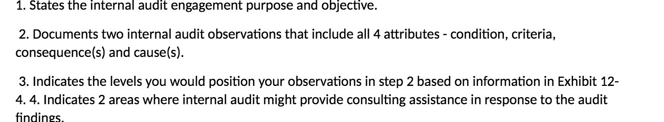  1 . States the Internal audit engagement purpose and objective .