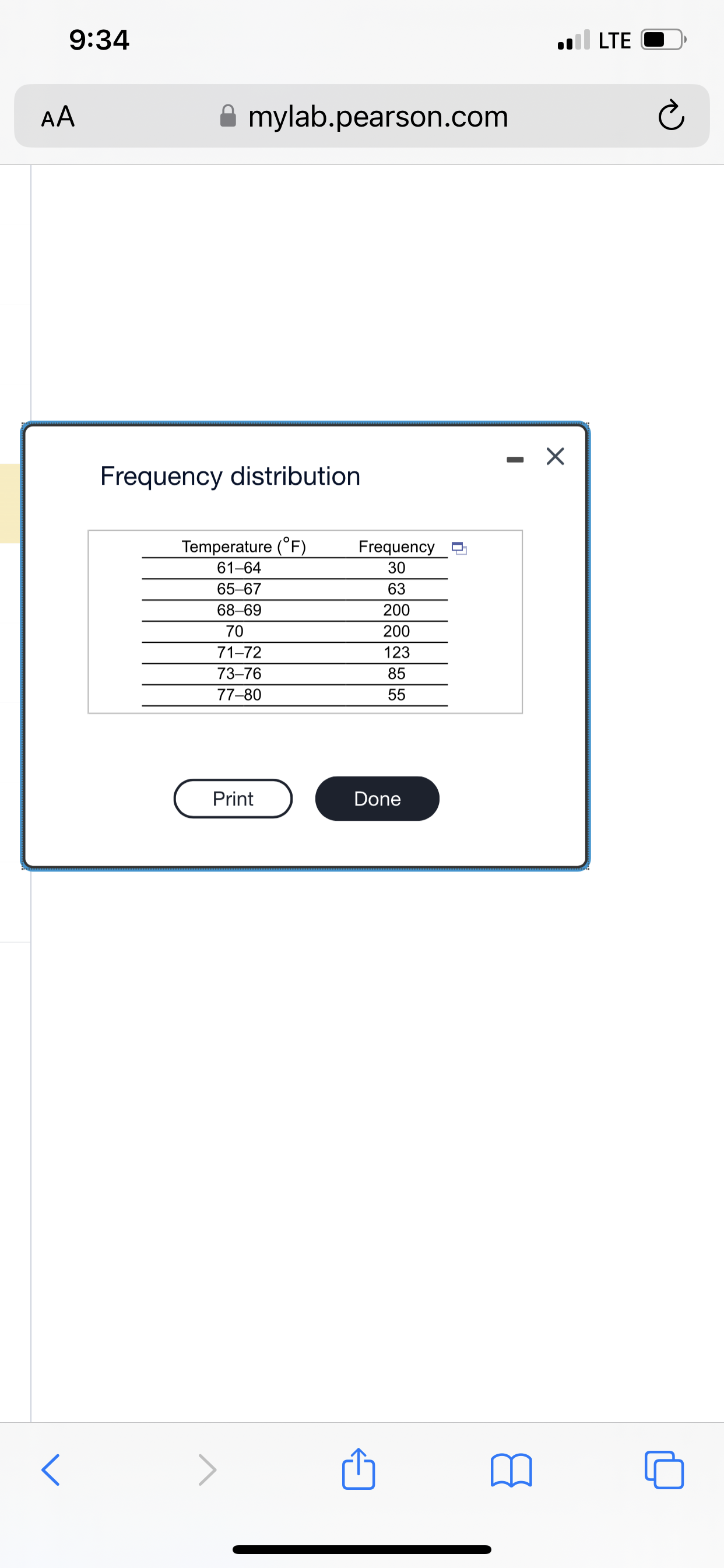  9:34 . LTE AA mylab.pearson.com C - X Frequency distribution Temperature