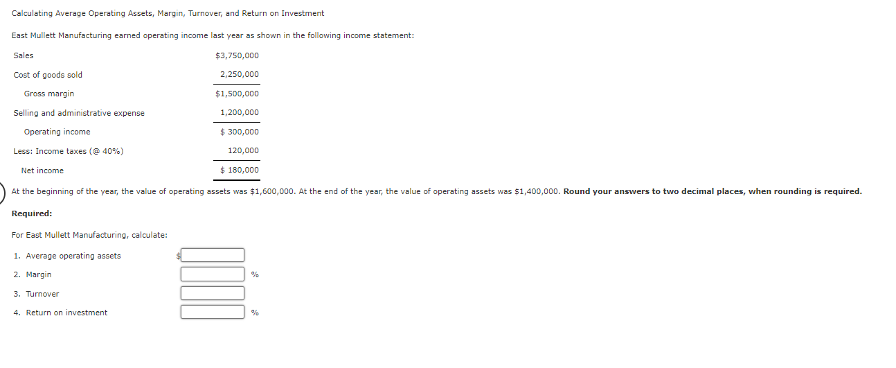 Calculating Average Operating Assets, Margin, Turnover, and Return on Investment East