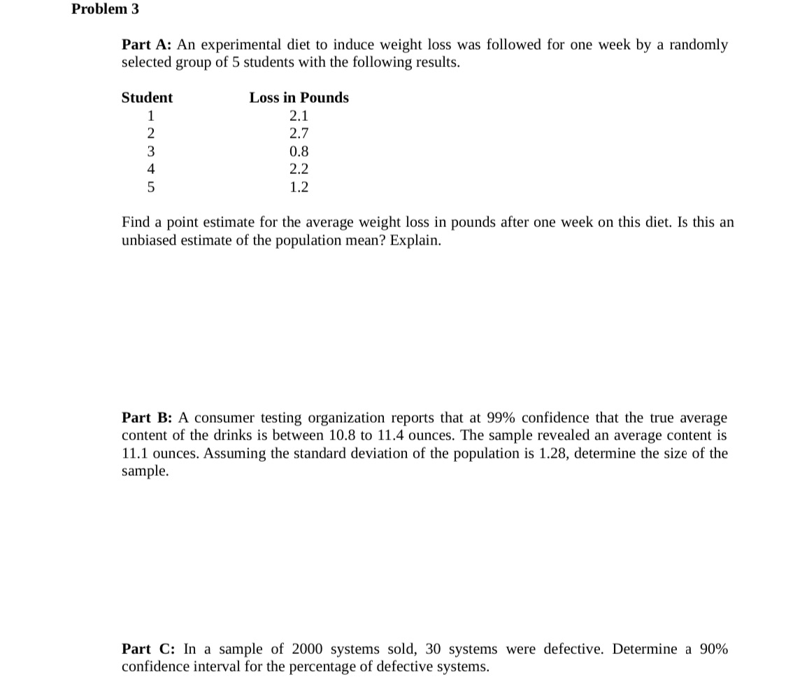 Problem 3 Part A: An experimental diet to induce weight loss