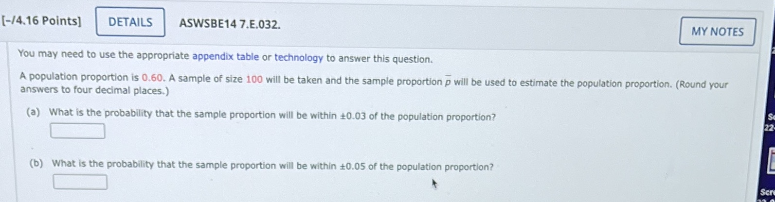 [-/4.16 Points] DETAILS ASWSBE14 7.E.032. MY NOTES You may need to