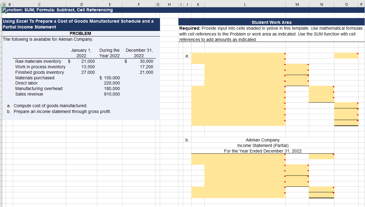 Fill in each yellow square on the excel spreadsheet in the same