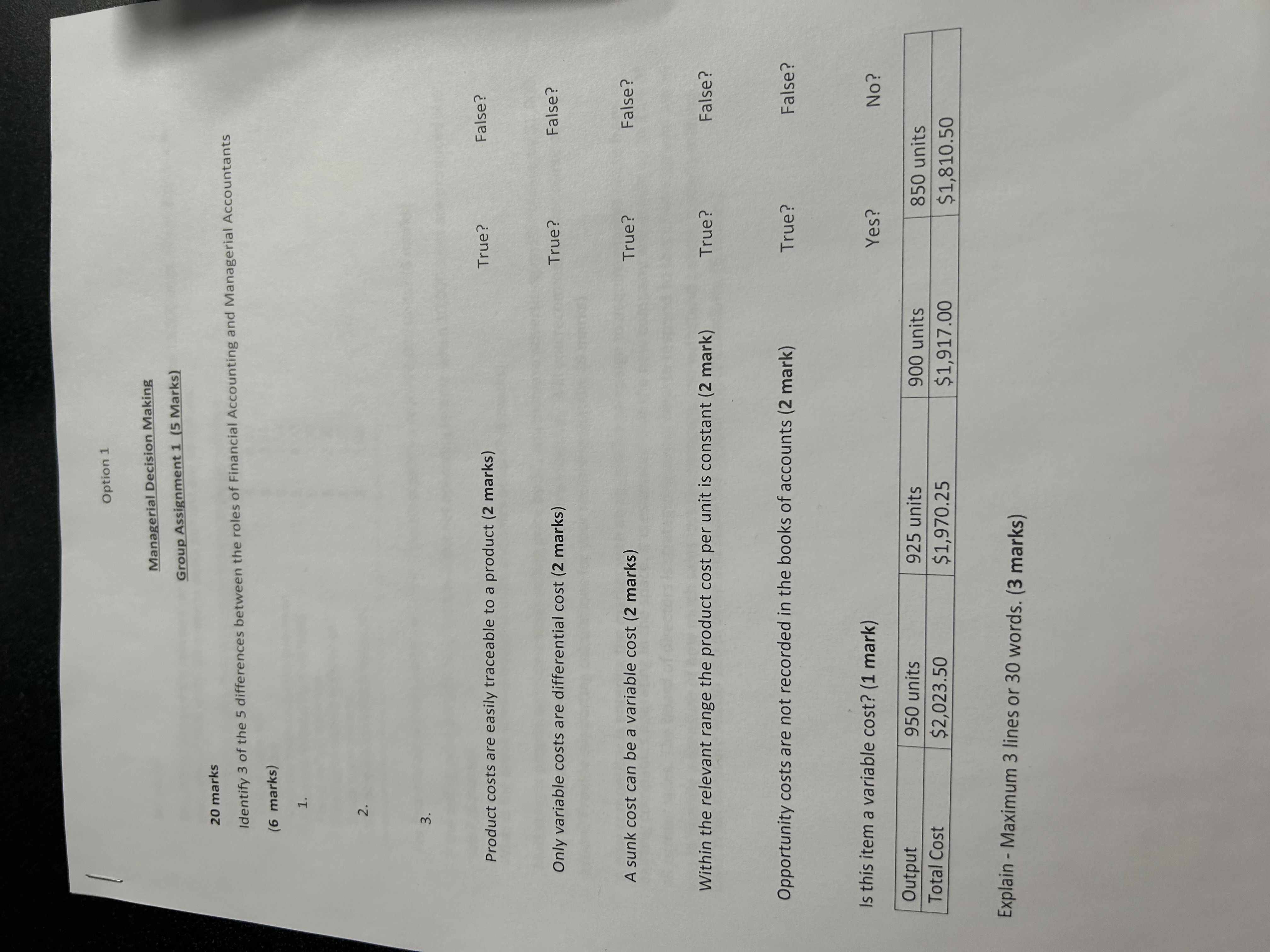  Option 1 Managerial Decision Making Group Assignment 1 (5 Marks) 20