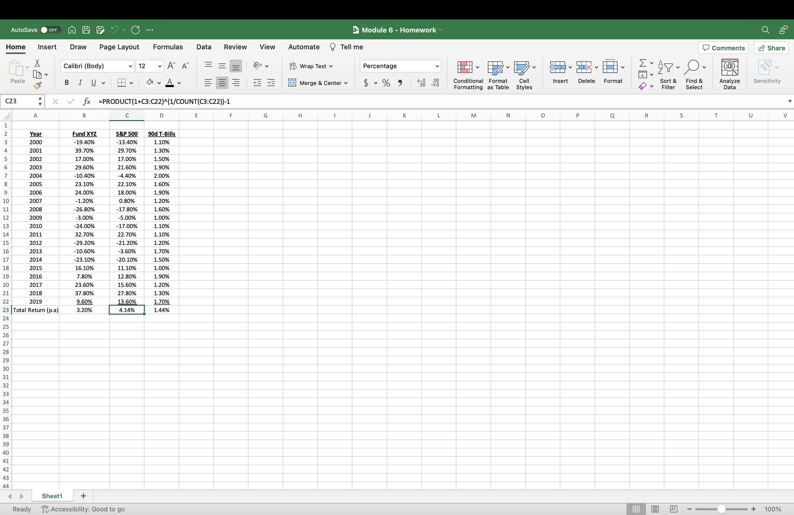 8) Return data for mutual fund XYZ, the S&P 500, and 90-day