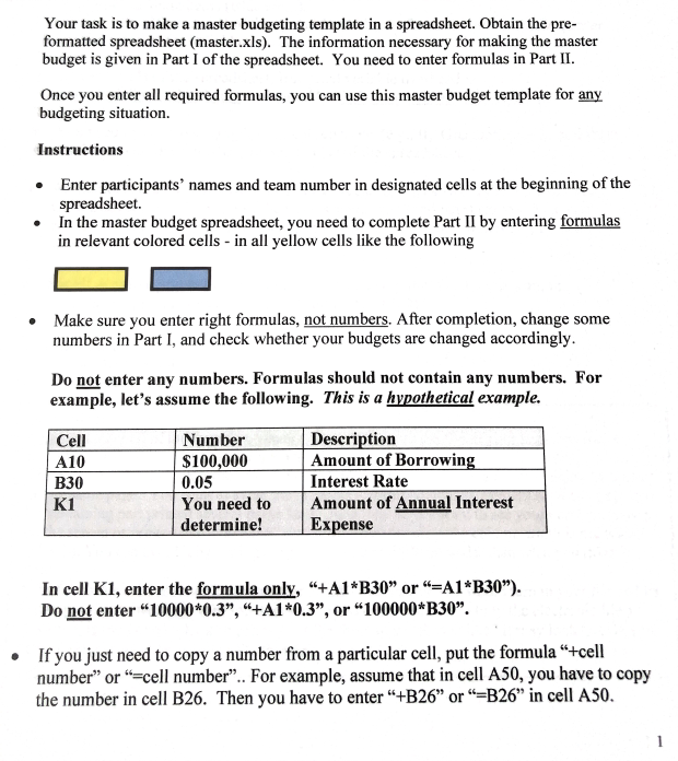 I need help with this Master Budget Your task is to make