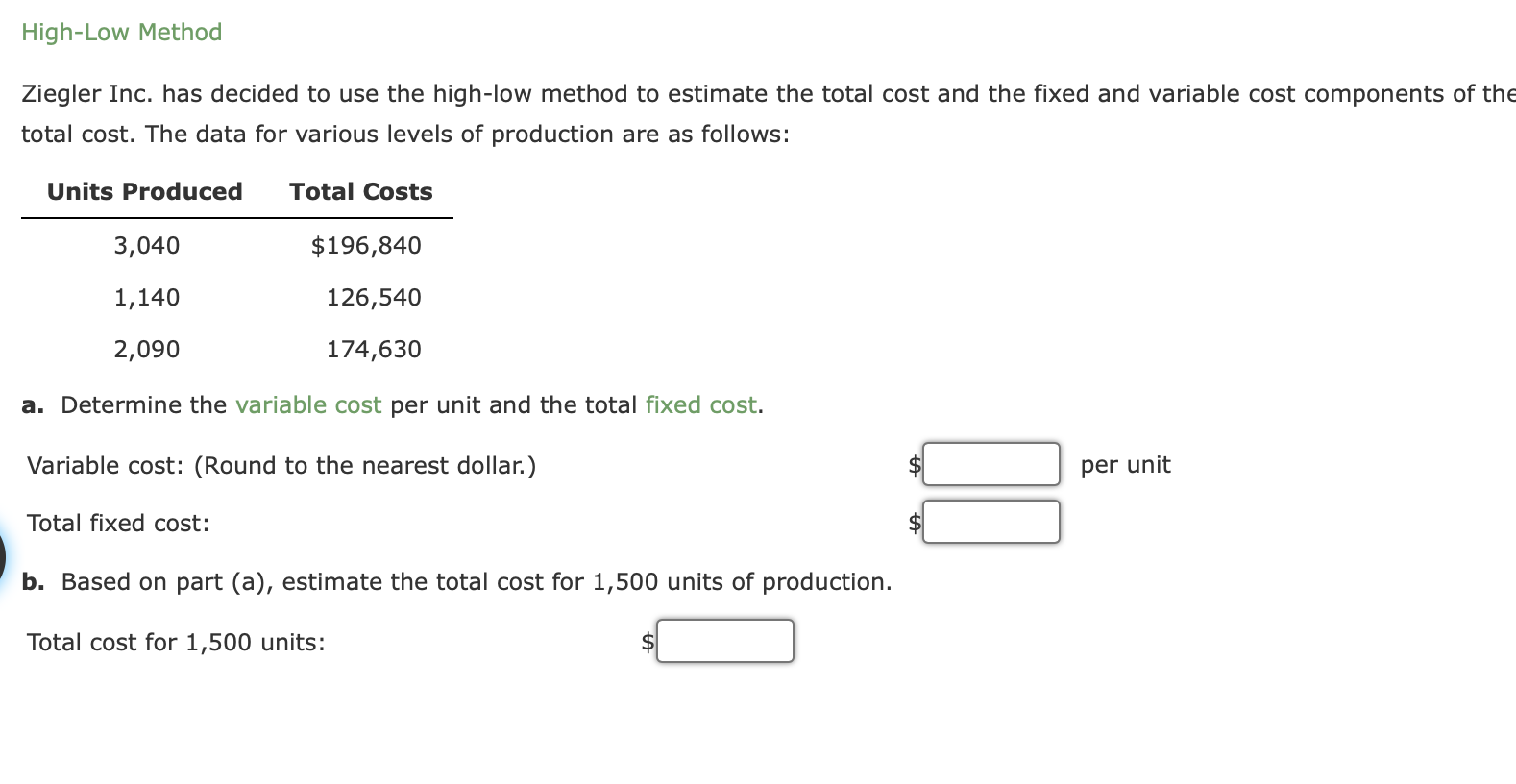  HighLow Method Ziegler Inc. has decided to use the highlow method