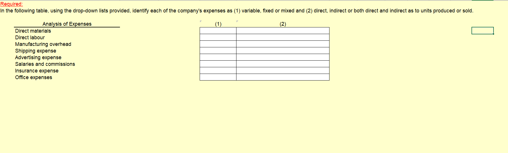  Required: In the following table, using the drop-down lists provided, identify