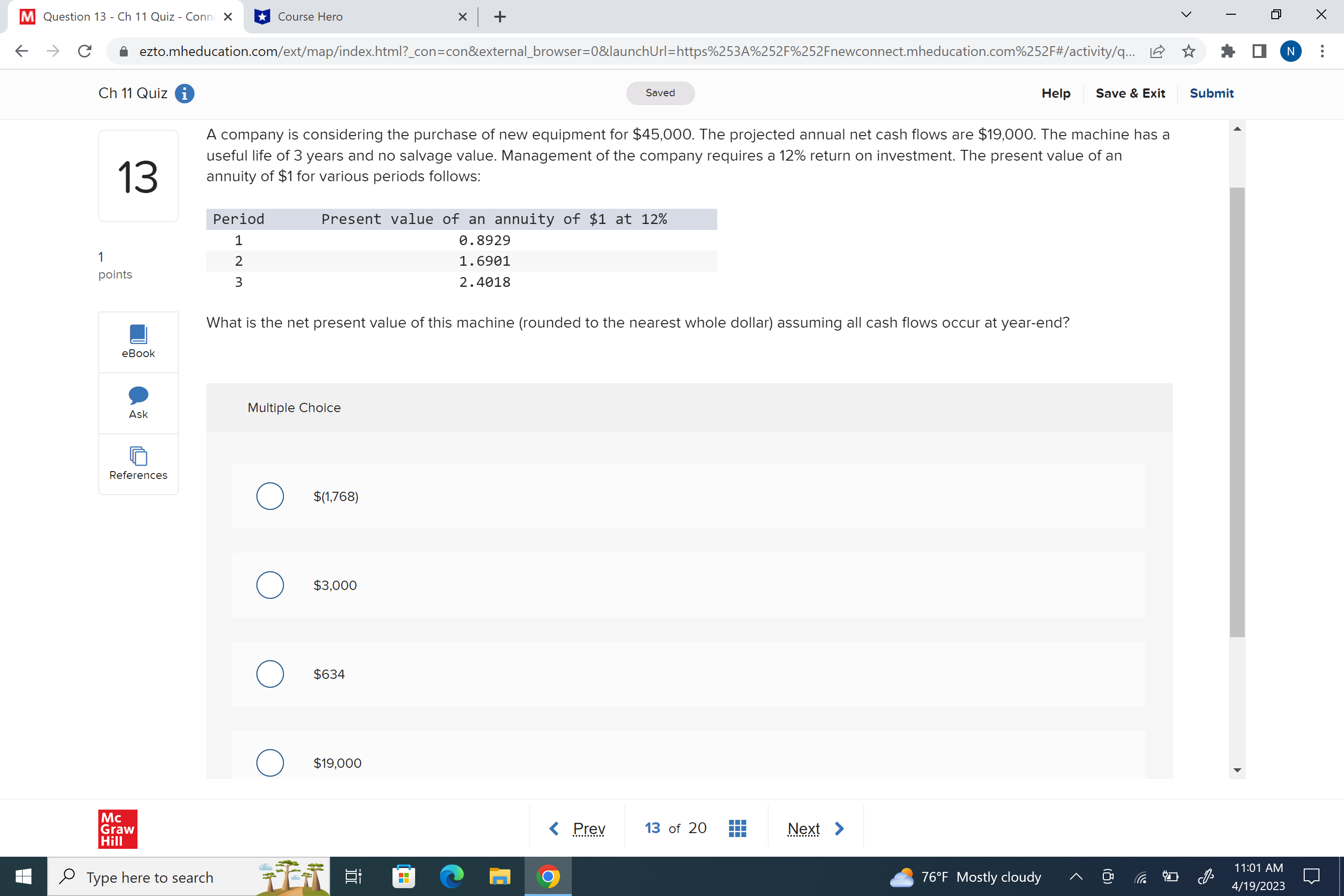  M Question 13 - Ch 11 Quiz - Conn( X Course