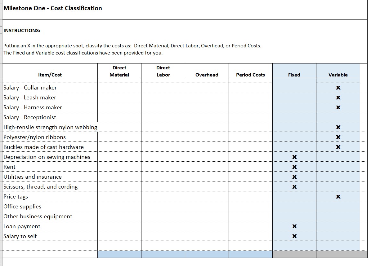 Variable Costs. Please show me in which columns the Xs should be